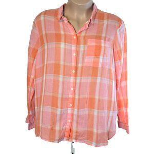 Old Navy Size XXL Classic Peach Plaid Boyfriend Fit Button Up Shirt Blouse Top